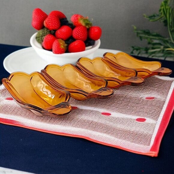 4 Amber Glass Banana Split Boat Sundae Dishes Set Vintage 70s 80s‎ Indiana Glass - Picture 14 of 16